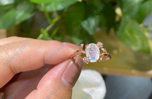Rose Gold Plated Silver Dainty Natural Moonstone Leaf Ring, 2ct Oval Cut Twig Moonstone Ring, Rose Gold Ring Unique Curved Floral Ring