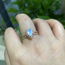 Load image into Gallery viewer, Rose Gold Plated Silver Dainty Natural Moonstone Ring Set, 2ct Pear Cut Moonstone Halo Ring Set, Rose Gold Ring Unique Curved Vintage Ring
