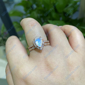 Rose Gold Plated Silver Dainty Natural Moonstone Ring Set, 2ct Pear Cut Moonstone Halo Ring Set, Rose Gold Ring Unique Curved Vintage Ring