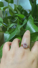 Load and play video in Gallery viewer, Rose Gold Plated Silver Dainty Pink Sapphire Ring, 1.5ct Oval Cut Vintage Rose Sapphire Ring , Rose Gold Floral Unique Oval Halo Ring
