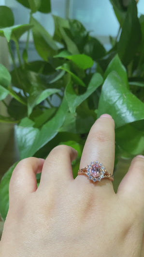 Rose Gold Plated Silver Dainty Pink Sapphire Ring, 1.5ct Oval Cut Vintage Rose Sapphire Ring , Rose Gold Floral Unique Oval Halo Ring