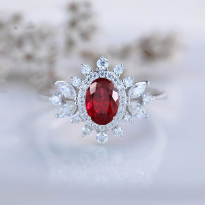 14K White Gold 1.5 Carat Oval Ruby Snowflake Halo Engagement Ring