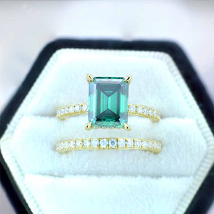 3Ct Green Moissanite Engagement Ring, Emerald Step Cut Green Moissanite Engagement Ring Set
