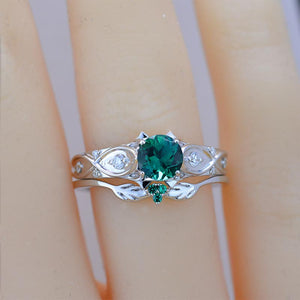 14K White Gold Emerald Celtic Engagement Ring Set