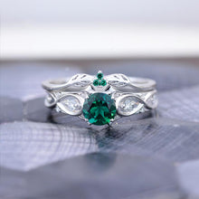 Load image into Gallery viewer, 14K White Gold Emerald Celtic Engagement Ring Set
