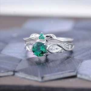 14K White Gold Emerald Celtic Engagement Ring Set