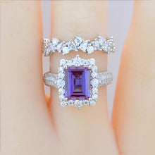 Load image into Gallery viewer, 3Ct Alexandrite Engagement Ring Halo Emerald Cut Alexandrite Engagement Ring, 9x7mm Step Cut Alexandrite Engagement Ring with Eternity Band
