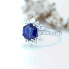 Load image into Gallery viewer, 3 Carat Hexagonal Sapphire Snowflake Halo Engagement Ring. Victorian 14K Rose Gold Ring
