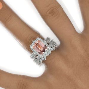 4Ct Genuine Peach Morganite Engagement Ring Halo Emerald Cut Moissanite Engagement Ring, 10x8mm Radiant Cut Moissanite Engagement Ring with Eternity Band