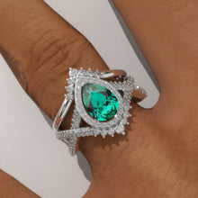 Load image into Gallery viewer, 14K White Gold 1.5 Carat Pear Emerald Halo Twisted Engagement Ring Eternity Ring Set

