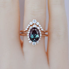 Load image into Gallery viewer, 3 Carat Oval Alexandrite Halo Engagement Ring, Promise Ring For Her,  Alexandrite Wedding Ring, 14K Gold Oval Alexandrite Engagement Ring Set
