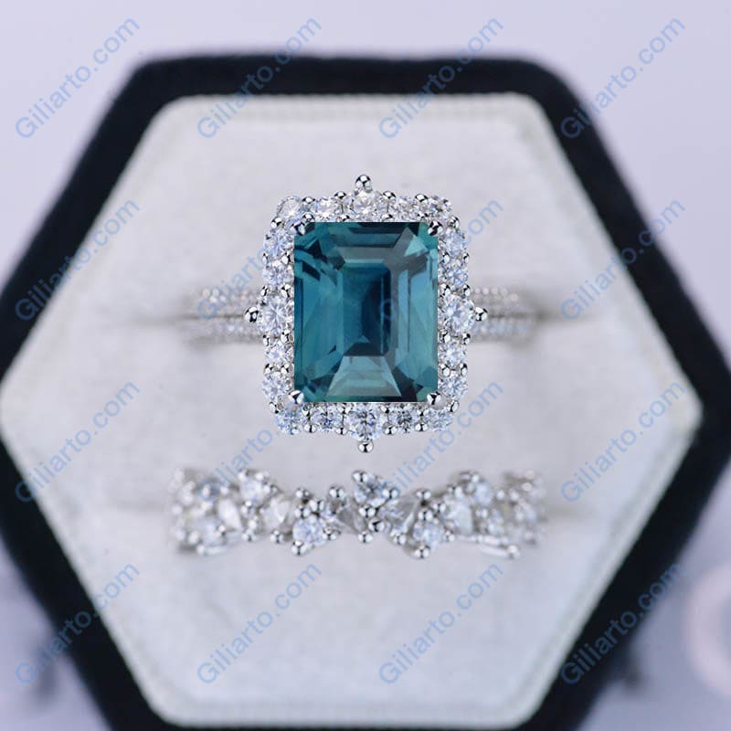 3Ct Moissanite Engagement Ring Halo Radiant Cut Teal Sapphire Engagement Ring Set.