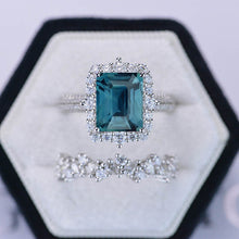 Load image into Gallery viewer, 3Ct Moissanite Engagement Ring Halo Radiant Cut Teal Sapphire Engagement Ring Set.
