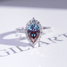 Load image into Gallery viewer, 14K Solid White Gold 3 Carat Alexandrite Pear Cut Halo  Moissanite Ring

