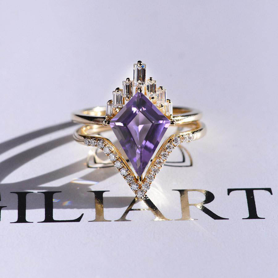 4 Carat Amethyst  Kite Shape Step Cut, Amethyst  Halo Gold Engagement Ring, Eternity Ring Set