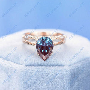 3 Carat Pear Shaped Alexandrite Engagement Eternity Rose Gold Ring Set