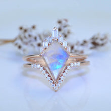 Load image into Gallery viewer, 14K Gold 4 Carat Kite Moonstone Halo Engagement Ring, Eternity Ring Set

