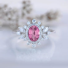Load image into Gallery viewer, 14K White Gold 1.5 Carat Oval Pink Sapphire Snowflake Halo Engagement Ring
