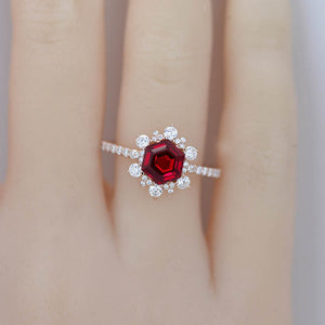 3 Carat Hexagonal Ruby Snowflake Halo Engagement Ring. Victorian 14K Rose Gold Ring