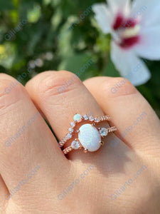 White Opal Ring Set, Oval Cut Vintage Opal Ring Set, Rose Gold Ring Unique Curved Ring Set