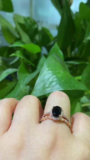 Rose Gold Plated Silver Dainty Natural Onyx Ring Set, 2ct Oval Cut Onyx Vintage Ring Set, Rose Gold Ring Unique Ring
