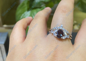 Rhodium Plated Silver Dainty Alexandrite Ring Set, 1.5ct Oval Cut Alexandrite Ring Set, Silver Ring Unique Curved Marquise Cut Ring Set