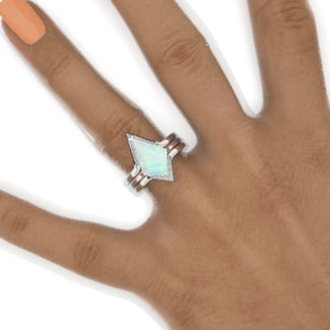 14K White Gold 3 Carat Kite Genuine Natural White Opal Halo Engagement Ring, Three Rings Set