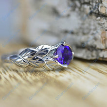 Load image into Gallery viewer, white gold amethyst leaf ring 1.0 Carat -6mm Round 
