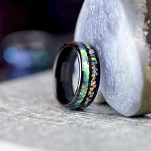 Load image into Gallery viewer, Abalone Shell and Fire Opal Engagement Men&#39;s Tungsten Carbide Ring
