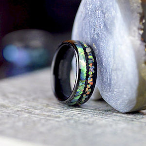 Abalone Shell and Fire Opal Engagement Men's Tungsten Carbide Ring