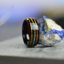 Load image into Gallery viewer, Fire Opal Tungsten Carbide Wedding Ring with Hawaii Koa Wood Inlay
