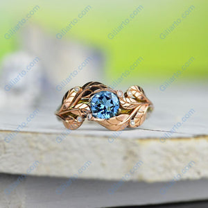 1.0 Carat Genuine  Aquamarine Diamond Leaf Engagement Ring 14K White