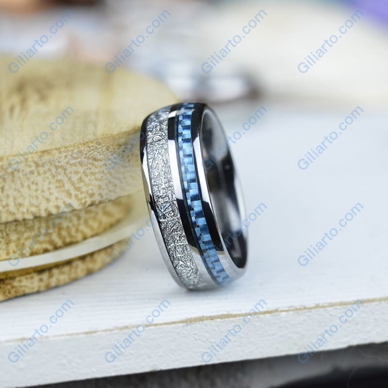 Meteorite Texture and Blue Carbon Fiber Men's Tungsten Ring  - Comfort Fit