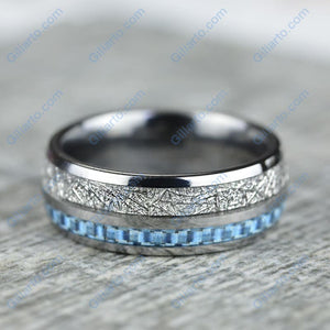 Meteorite Texture and Blue Carbon Fiber Men's Tungsten Ring  - Comfort Fit