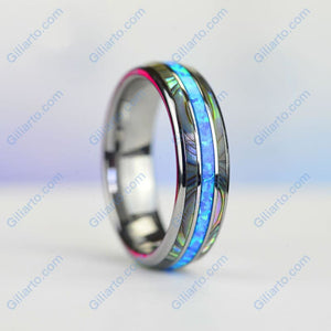 Genuine Australian Blue Fire Opal with Abalone Shell Tungsten Ring For Her