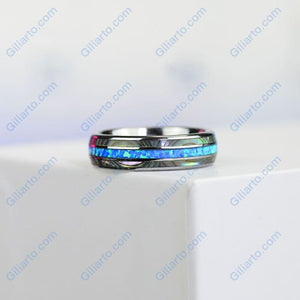 Genuine Australian Blue Fire Opal with Abalone Shell Tungsten Ring For Her