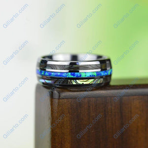 Genuine Australian Blue Fire Opal with Abalone Shell Tungsten Ring For Him For Her
