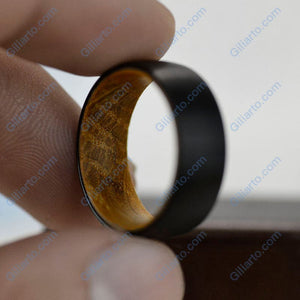 Brushed Black Tungsten Ring with Inner Solid Whiskey Barrel Oak Wood
