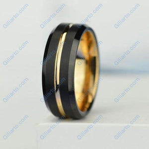 Brushed jet black tungsten band, brilliant 14K gold plating, polished beveled edges, gold center groove, and comfort fit sizing  Comes with Free GIFT!   MADE IN USA.  GILIARTO BRANDED DESIGN- ALL RIGHT RESERVED.  Please note, this is a genuine Abalone Shell ring, and has a higher cost than similar copy rings with paper print on Amazon and eBay.  Usually this ring gets delivered in up to 3 days in USA. 