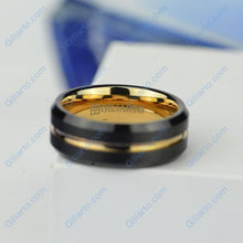 Load image into Gallery viewer, Brushed jet black tungsten band, brilliant 14K gold plating, polished beveled edges, gold center groove, and comfort fit sizing  Comes with Free GIFT!   MADE IN USA.  GILIARTO BRANDED DESIGN- ALL RIGHT RESERVED.  Please note, this is a genuine Abalone Shell ring, and has a higher cost than similar copy rings with paper print on Amazon and eBay.  Usually this ring gets delivered in up to 3 days in USA. 
