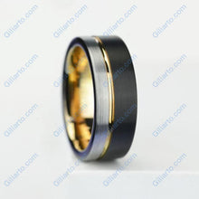 Load image into Gallery viewer, Tungsten Ring Black and Silver Brushed with Yellow Gold Accent
