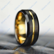 Load image into Gallery viewer, Tungsten Ring Black and Silver Brushed with Yellow Gold Accent, Mens Ring, Mens Wedding Band, Dual color Mens band, Birthday Gift
