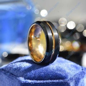 14K Gold Wedding Band Mens Ring - Yellow Gold Mens Wedding Band Black and Gold Ring Tungsten Wedding Band - Unique Mens Rings Tungsten Ring