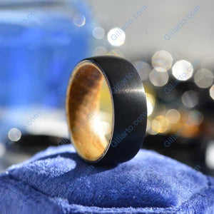 Brushed Black Tungsten Ring with Inner Solid Whiskey Barrel Oak Wood