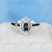 Load image into Gallery viewer, 14K White Gold 2 Carat Oval Dark Gray Blue Moissanite Halo Engagement Ring
