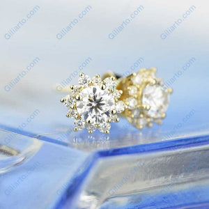 Snowflake Moissanite Halo Stud Earrings 14K Gold