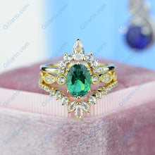 Load image into Gallery viewer, 14K Yellow Gold Oval Emerald Moissanite Halo Engagement Ring  with Two Eternity Rings Set
