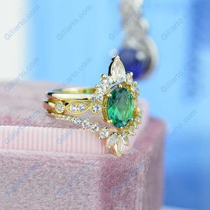 14K Yellow Gold Oval Emerald Moissanite Halo Engagement Ring  with Two Eternity Rings Set