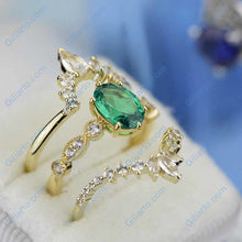 Load image into Gallery viewer, 14K Yellow Gold Oval Emerald Moissanite Halo Engagement Ring  with Two Eternity Rings Set
