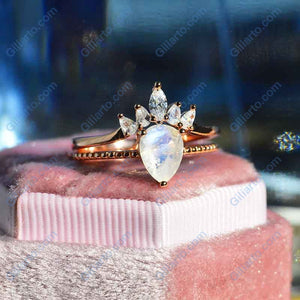 Genuine Pear Cut Moonstone Ring- Two Ring Set